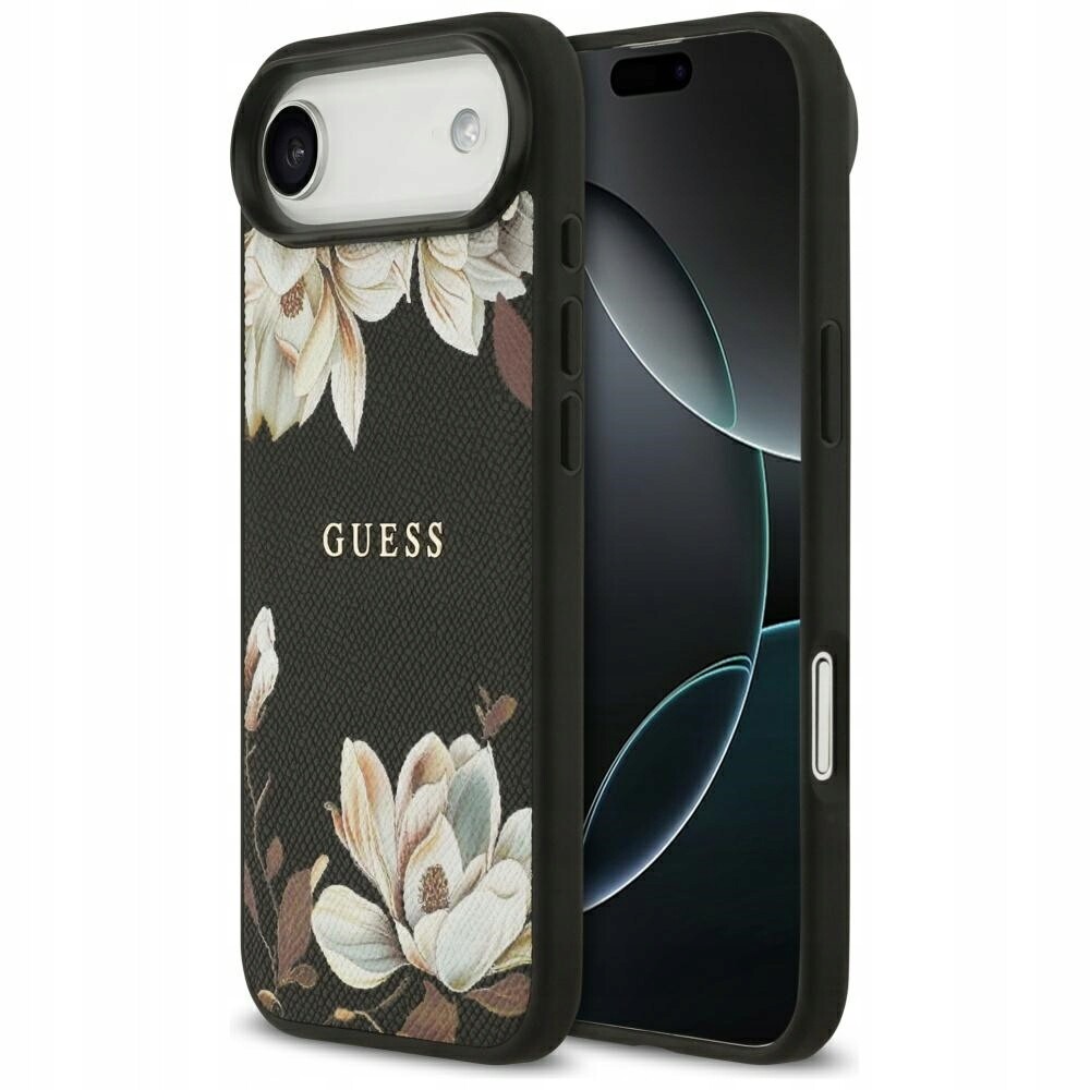 Pouzdro Guess Grained Flowers Classic Logo MagSafe pro iPhone Air, černé