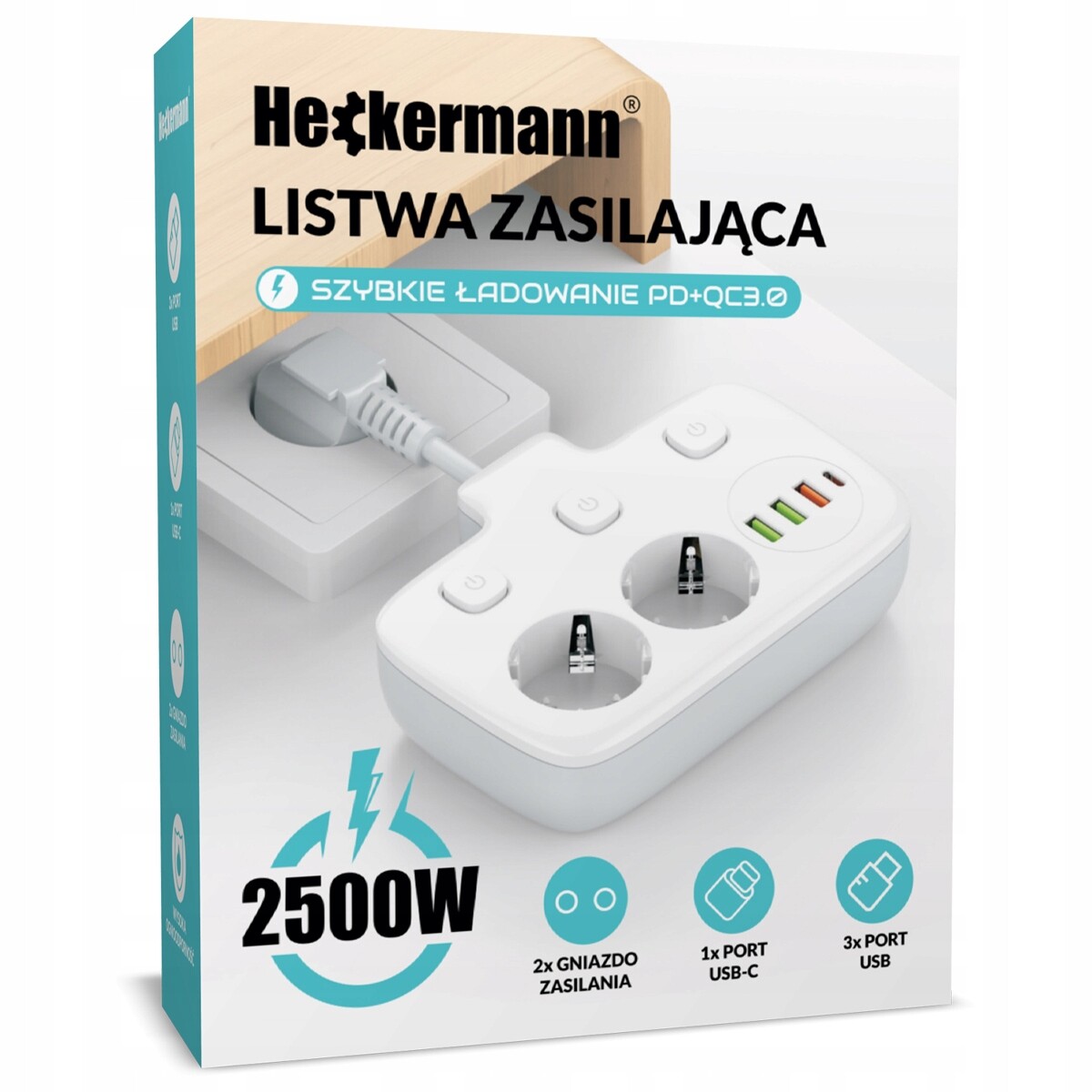 2 x Zásuvková Lišta Prodlužovací Nástěnná 2500W S QC3.0 3x Usb 2x Ac 1x Usb