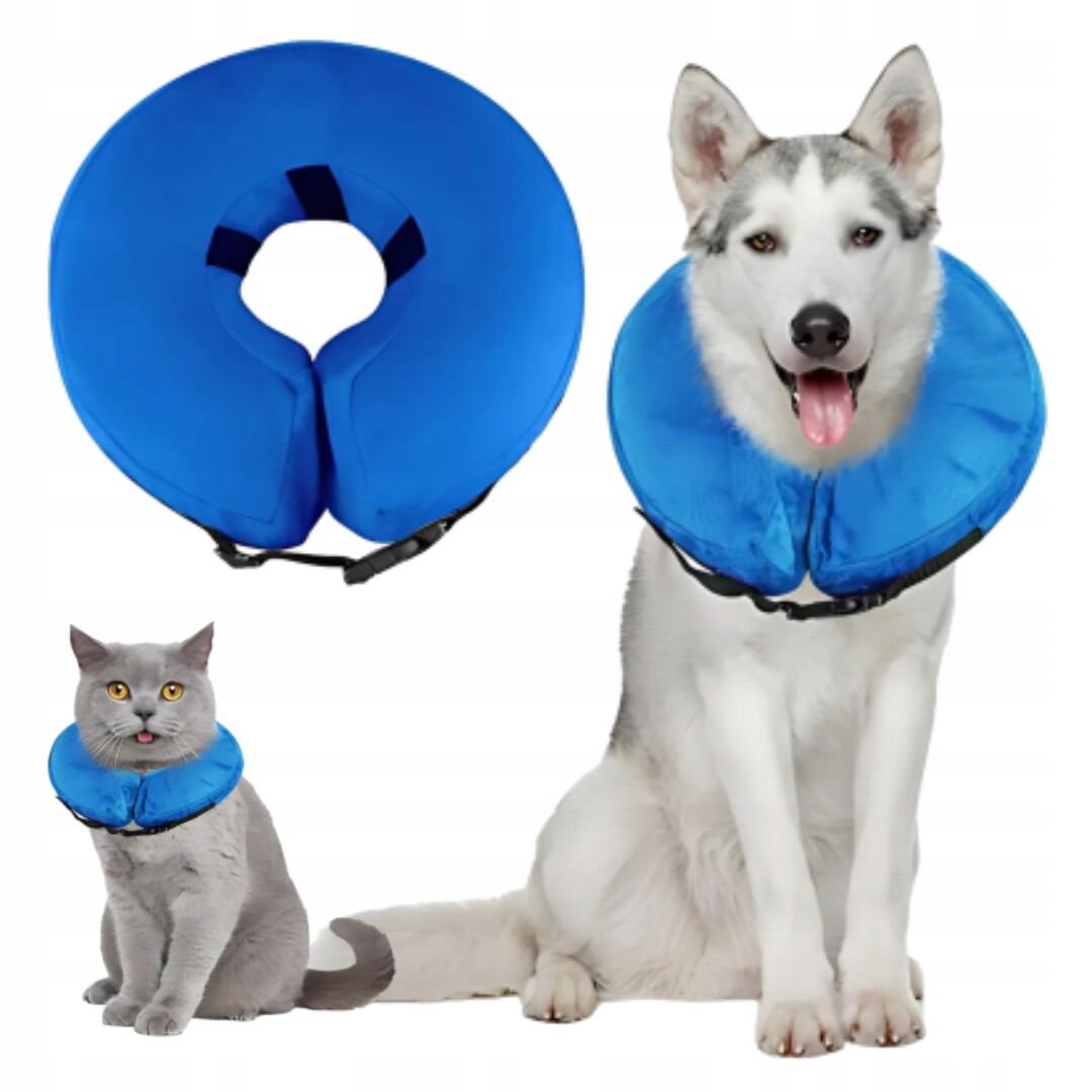 Nafukovací ochranný límec pro psa M, modrý, lehký, měkký, nastavitelný