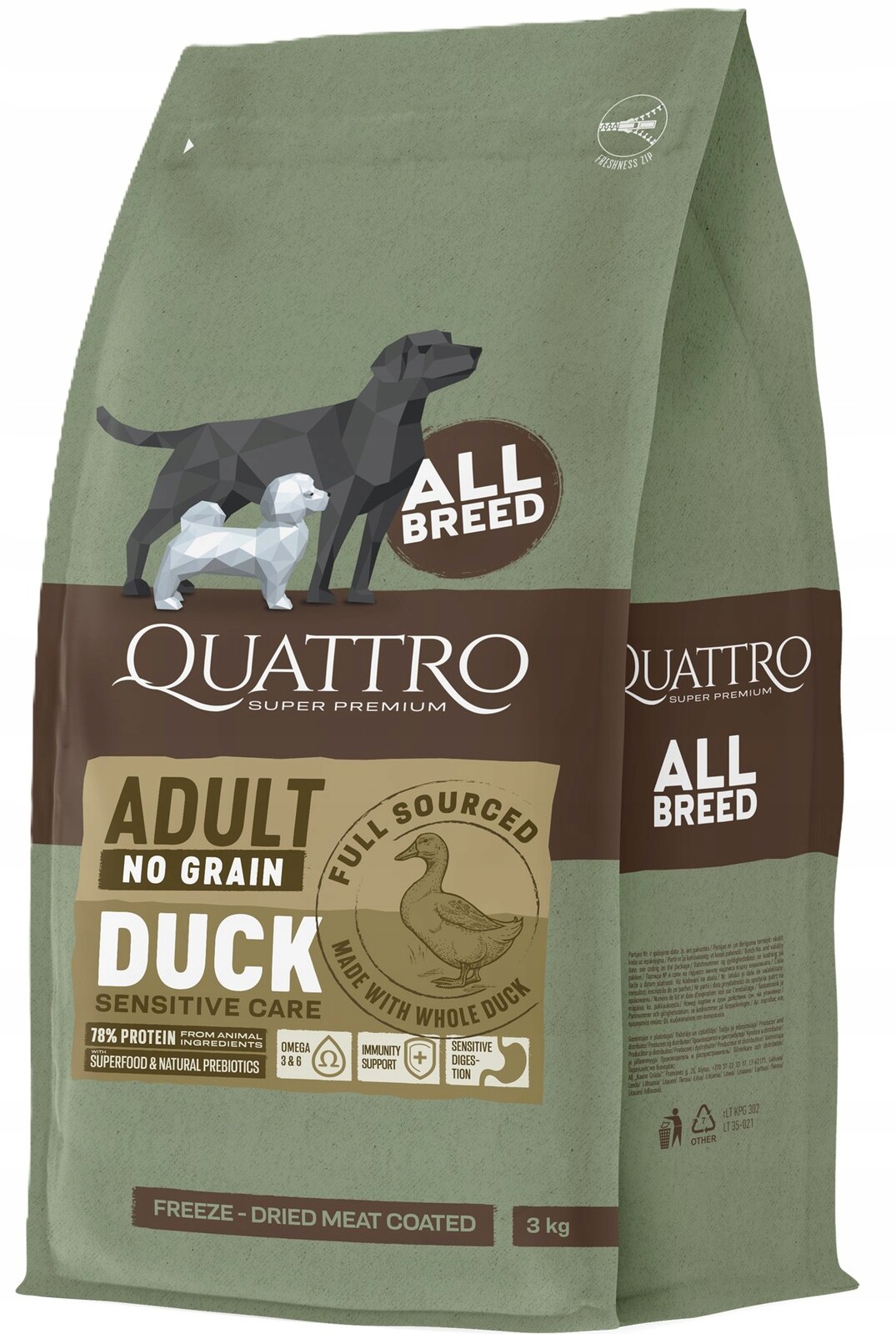 Quattro Kachna 3 kg Suché Krmivo pro psy všech plemen