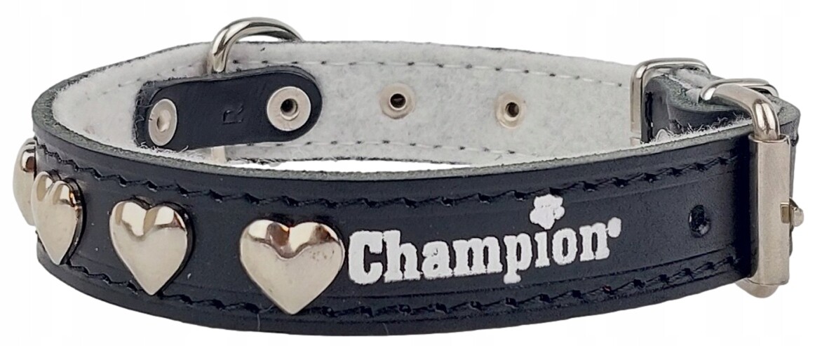 Obojek pro psa Lícová kůže Polský výrobek Champion 45 cm/2,5 cm Srdce Černá