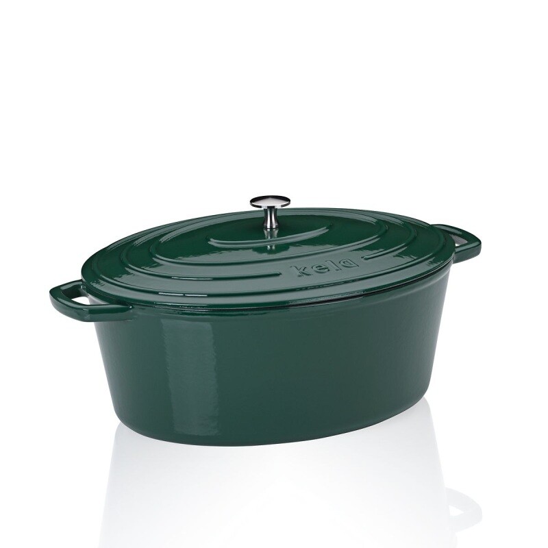 KELA Pekáč litinový s poklicí Calido oválný smaragdově zelená 36x29x15cm 9,3l KL-12903