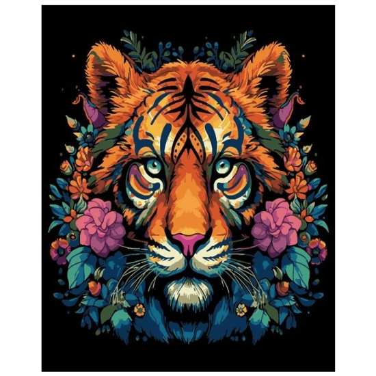 SMT Malování na černé plátno - Tygr v květinách - 40 x 50 cm - QUAK-008