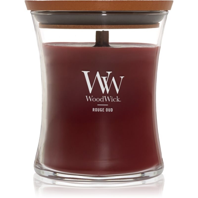 Woodwick Rouge Oud vonná svíčka s dřevěným knotem 275 g