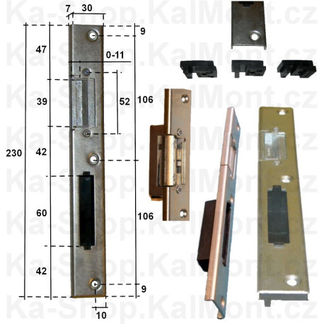Protiplech zámku na plastové dveře, univerzální se 3 typy mont. patek, nast. západka, 230 x 30 x 7 mm, osa 13mm, Provedení Pravý