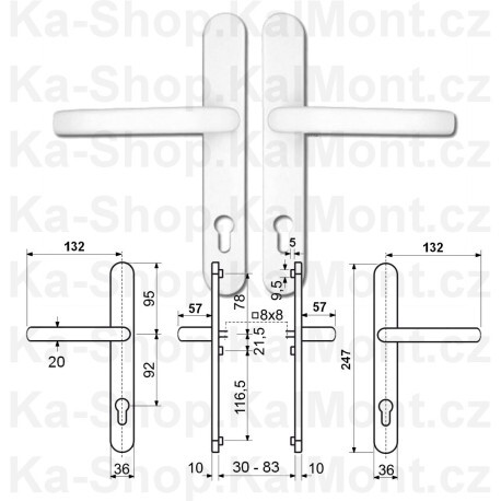 Bezpečnostní kování klika - klika, SAFE-DOOR 92, bílé, úzký štít 36 mm, 40 - 83mm