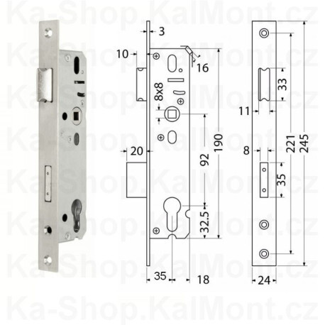 Zámek krátký rozteč 92, osa 35 čtyřhran 8, čelo 24 mm