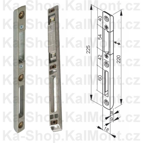 Protiplech zámku E806C 0300, 220 / 225 x 18 x 9 mm k zafrézování pro dřevěné dveře, nastavení západky, Provedení Levý