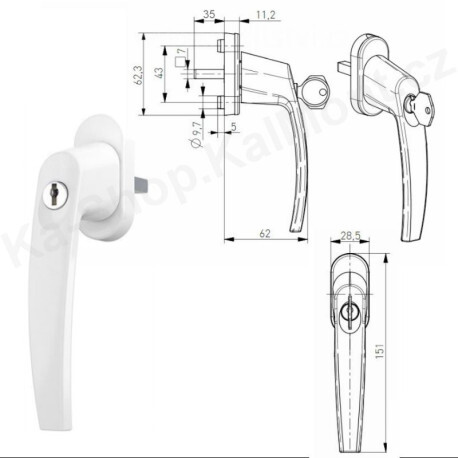 Klika zamykací Dual.Guard, bílá pro okno a balkon 4 polohy, 2 klíče, Délka čtyřhranu 35 mm