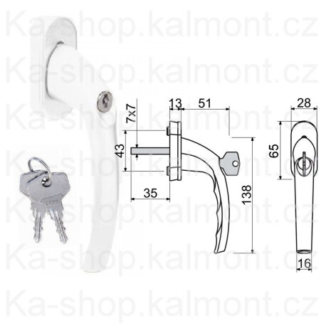 Zamykací klika bílá na okno a balkonové dveře, 7 x 35 mm, 2 klíče