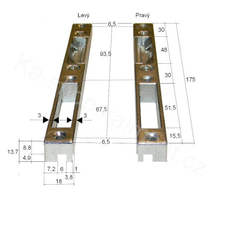 Protiplech zámku pro plastové dveře, 175 x 18, drážka 6 mm, nastavitelná západka, Provedení Pravý