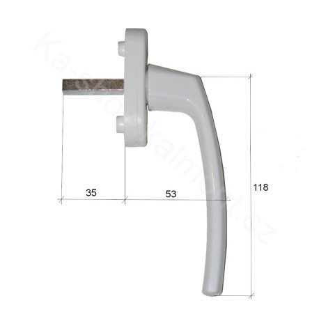 Klika na plastové a dřevěné okno, bílá, čtyřhran 7 x 35 mm, 4 polohy, kovová s logem