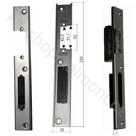Protiplech zámku dveří 230 x U 30 x 7 pravý pro elektrický zámek 52 mm