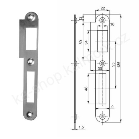 Protiplech zámku 185 x 22 na pravé dveře s roztečí 90 mm