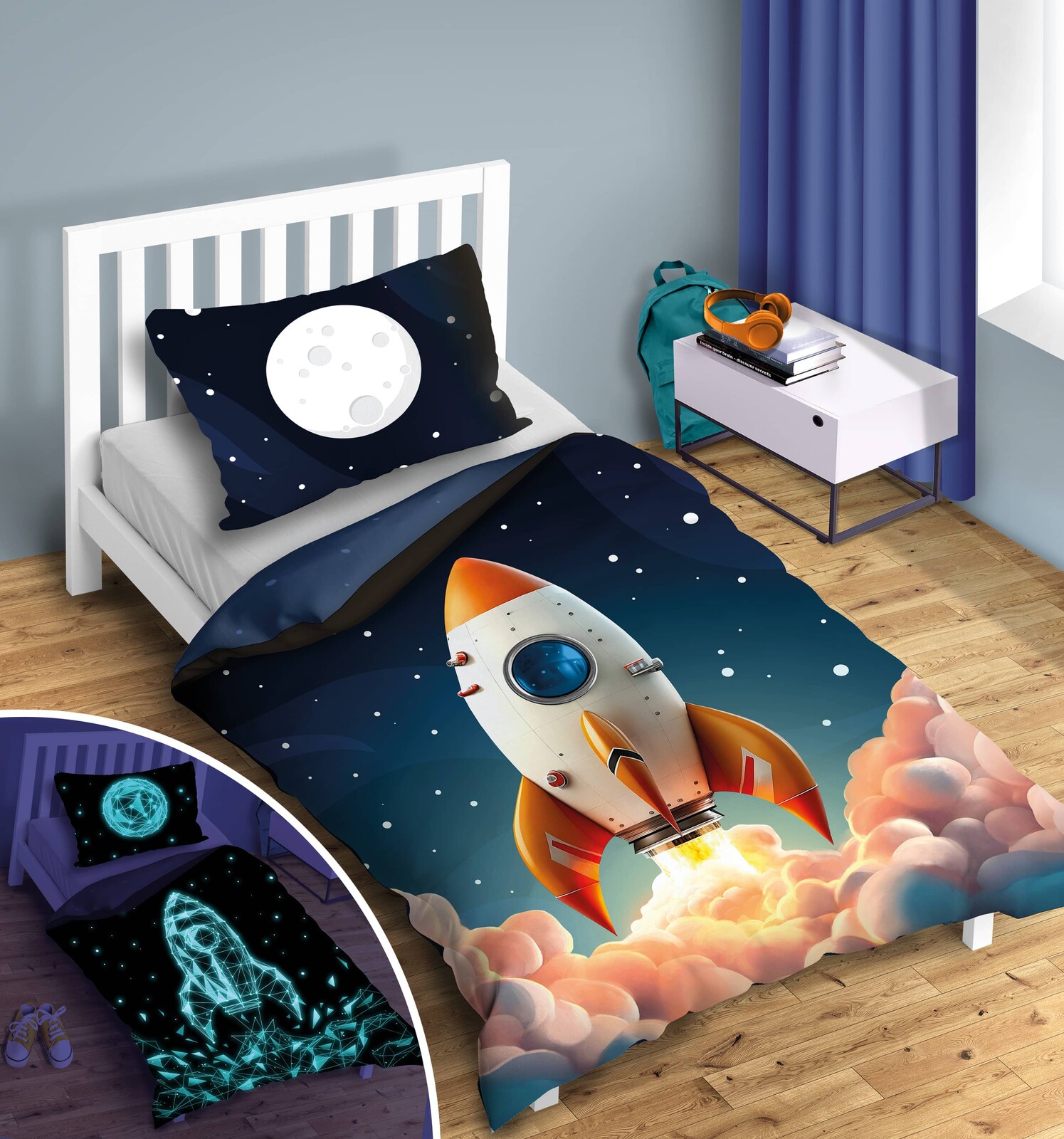 FARO Bavlněné povlečení se svítícím efektem 140x200 + 70x90 cm - Raketa