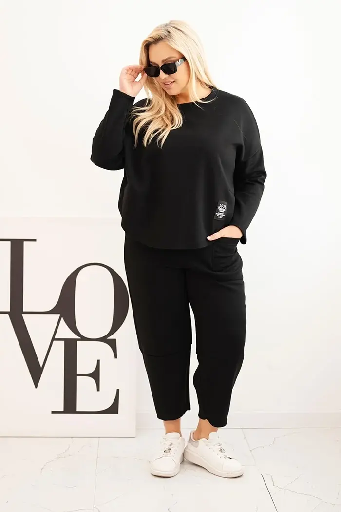 Kesi Włoski Komplet dámský Plus Size máslová mikina a kalhoty s kapsami černý
