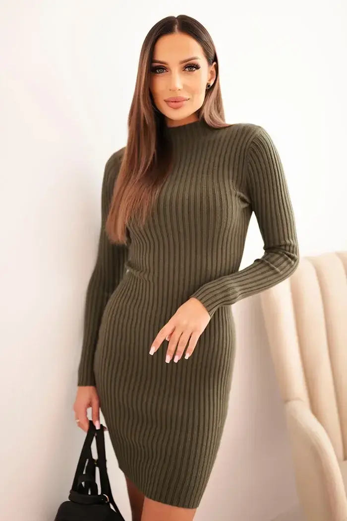 Kesi Włoski Dámská viskózová pruhovaná šaty s dlouhým rukávem a stojáčkem khaki