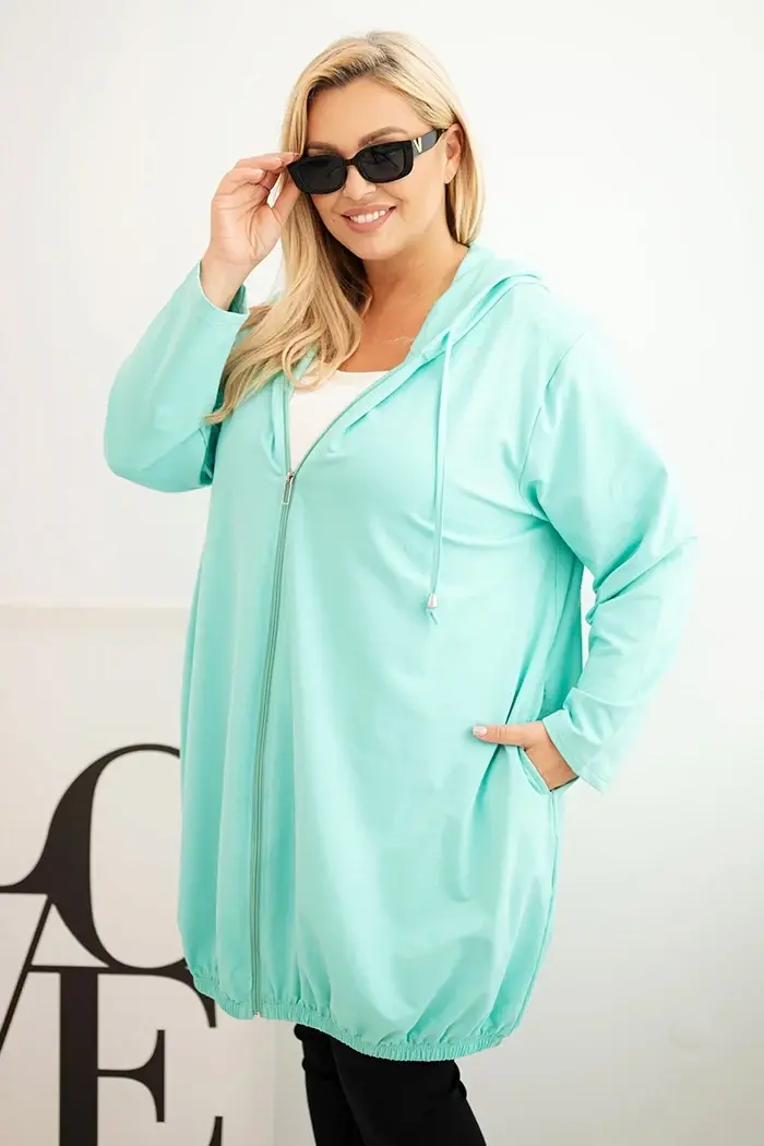 Kesi Dámská mikina Plus Size bavlněná s kapucí a zipem mátová