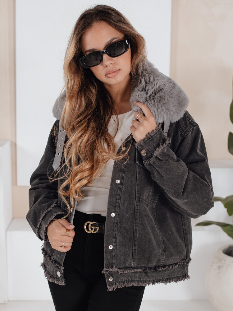 Kurtka damska FURDENIM jeansowa z futerkiem ciemnoszara Dstreet