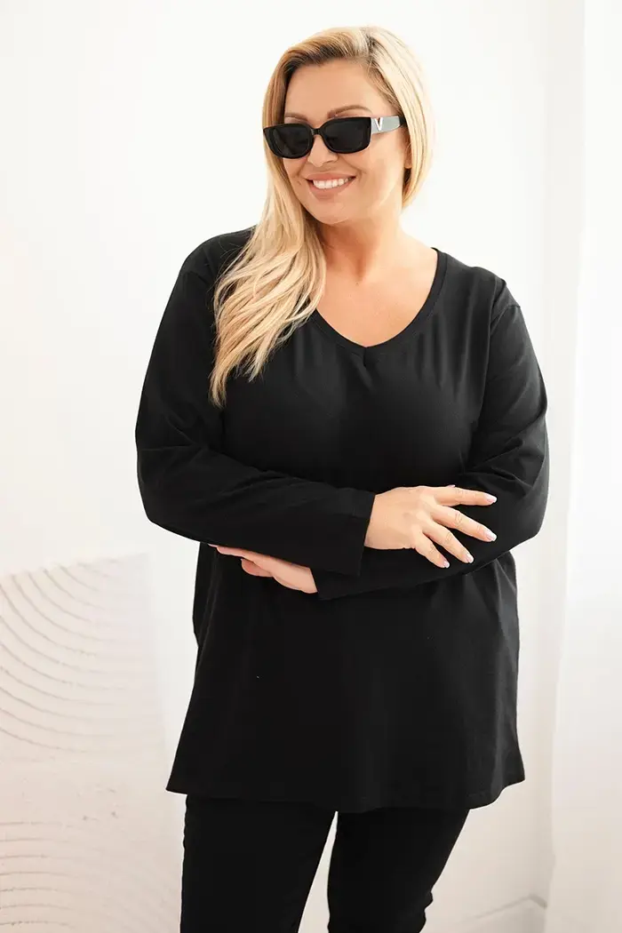 Kesi Dámská blůza Plus Size s výstřihem do V a dlouhým rukávem černá