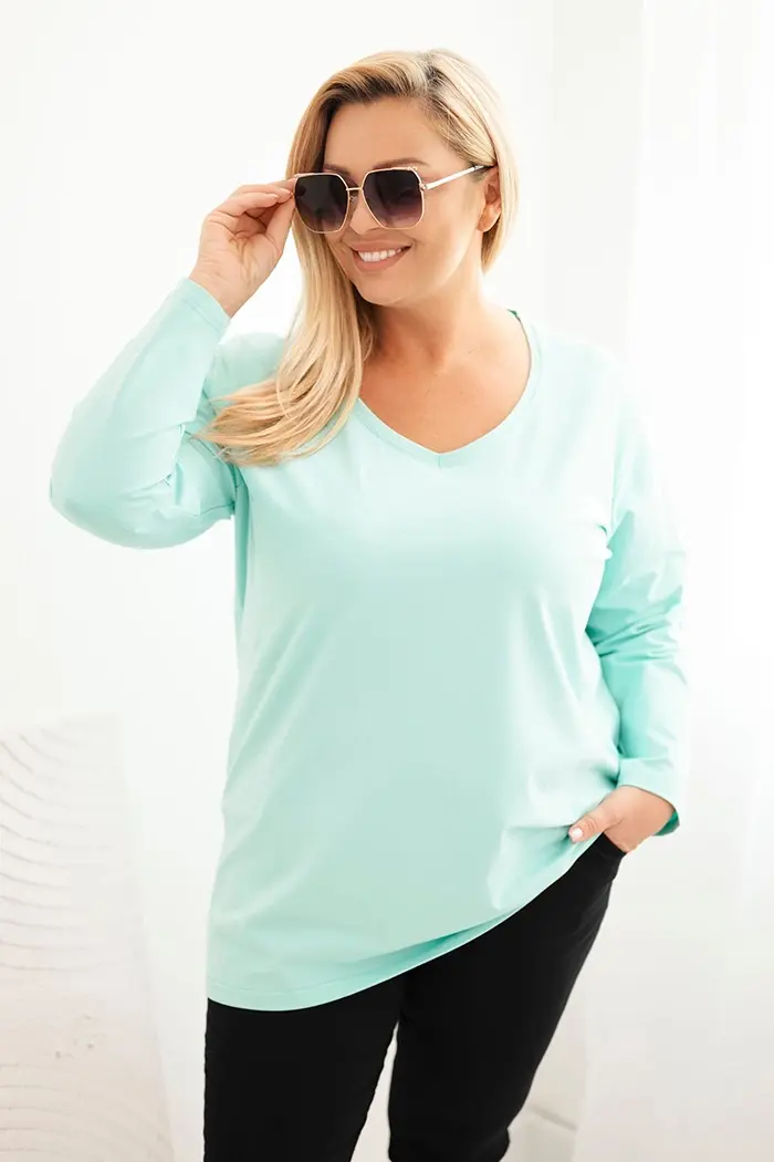 Kesi Dámská blůza Plus Size s výstřihem do V a dlouhým rukávem mátová