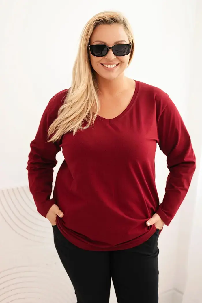 Kesi Dámská blůza Plus Size s výstřihem do V a dlouhým rukávem bordó