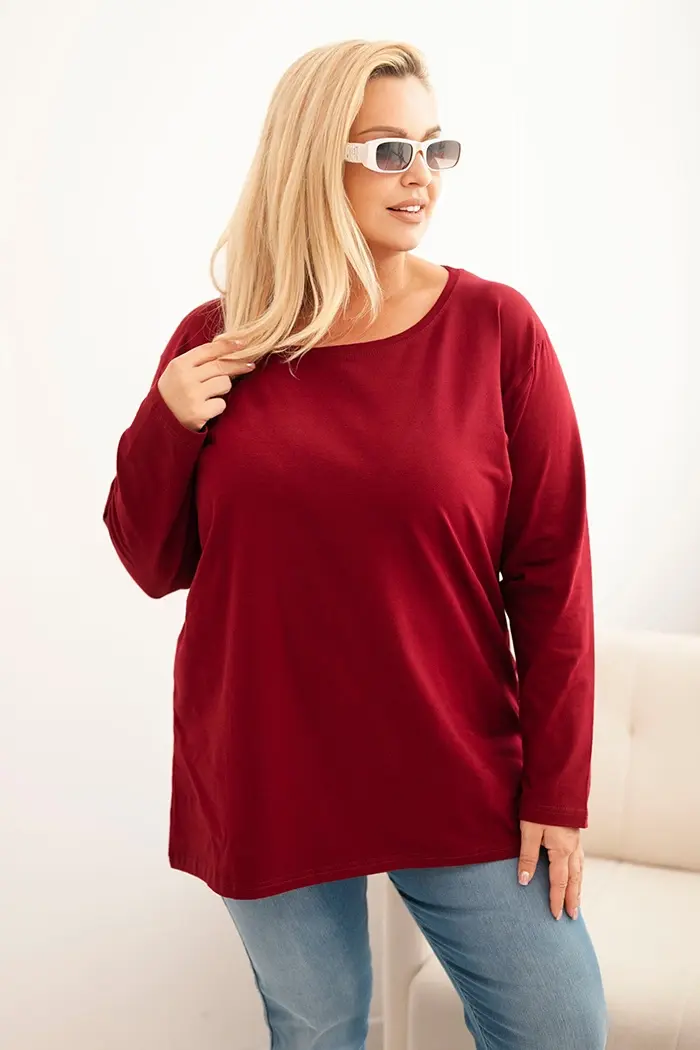 Kesi Dámská blůza Plus Size bavlněná s kulatým výstřihem bordová