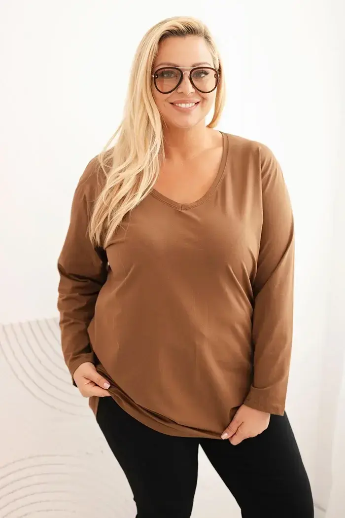 Kesi Dámská blůza Plus Size s výstřihem do V a dlouhým rukávem hnědá