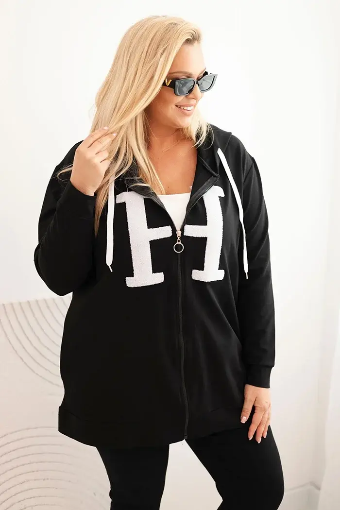 Kesi Dámská mikina Plus Size bavlněná s kapucí a velkým písmenem H černá