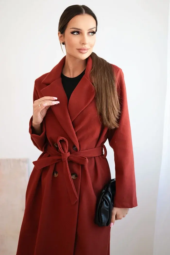 Kesi Włoski Dámský semišový kabát v pase vázaný rudy