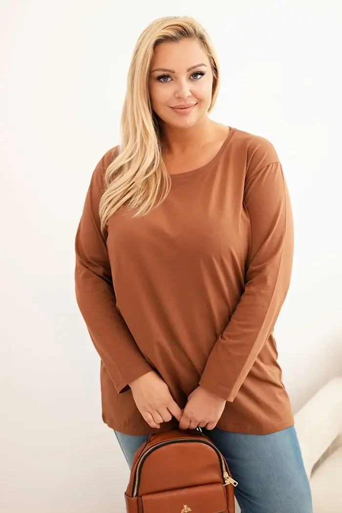 Kesi Dámská blůza Plus Size bavlněná s kulatým výstřihem camelová