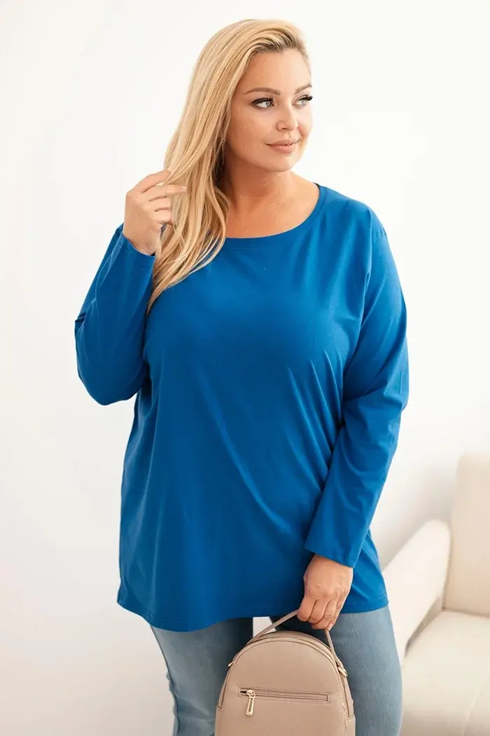 Kesi Dámská blůza Plus Size bavlněná s kulatým výstřihem chabrová