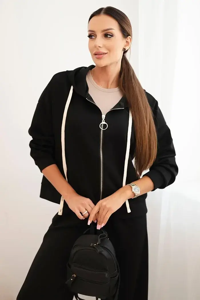 Kesi Włoski Dámská souprava máslo s širokými nohavicemi a mikinou na zip černý