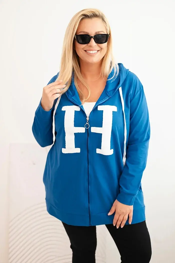 Kesi Dámská mikina Plus Size bavlněná s kapucí a velkým písmenem H chabrová