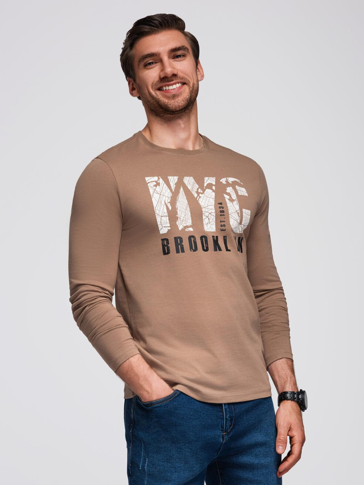 Ombre Men's urban print longsleeve - light brown