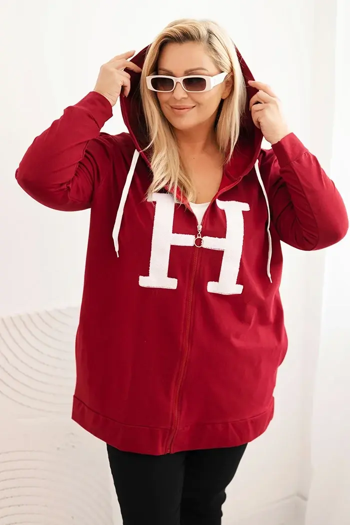Kesi Dámská mikina Plus Size bavlněná s kapucí a velkým písmenem H bordová