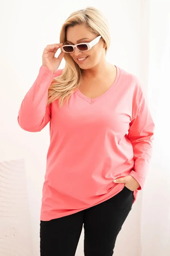 Kesi Dámská blůza Plus Size s výstřihem do V a dlouhým rukávem růžová