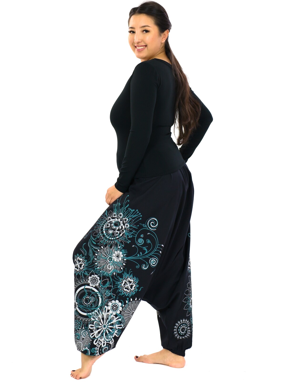 Himalife Harémové kalhoty Rula - černá s bílou a šedou Velikost: S/M