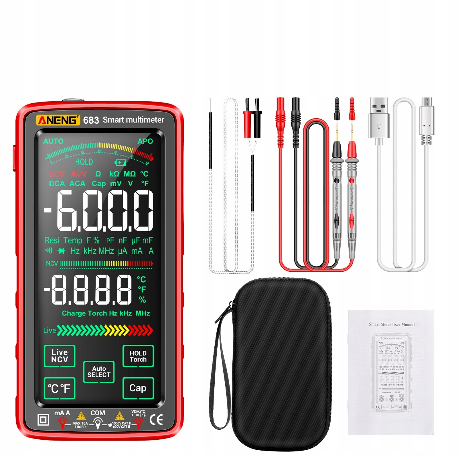 Multimetr Aneng 683 – bezdotykový, 6000, 1000 V, Ncv, Auto-range, svítilna