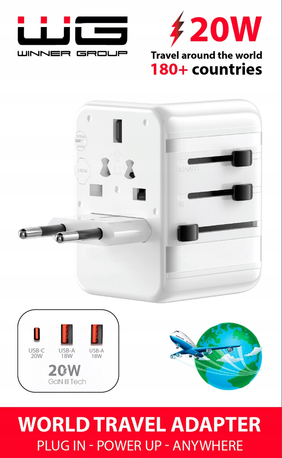 Wg Cestovní adaptér s 2x Usb-a, 1x type-C, až 20 W