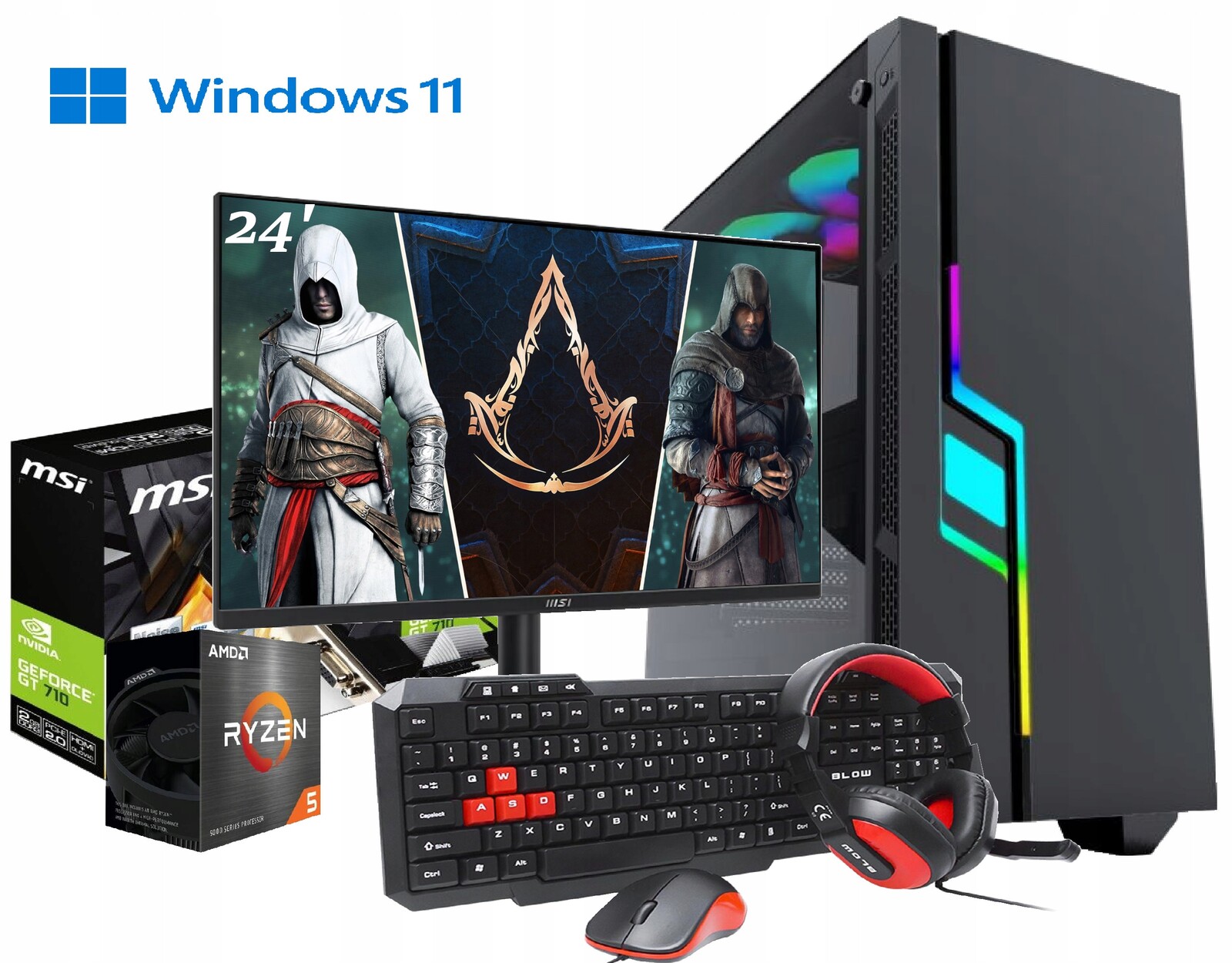 Herní sada Ryzen 5, Gt 710 2GB, 16GB DDR4, 480GB M2 WIN11 Monitor 24'