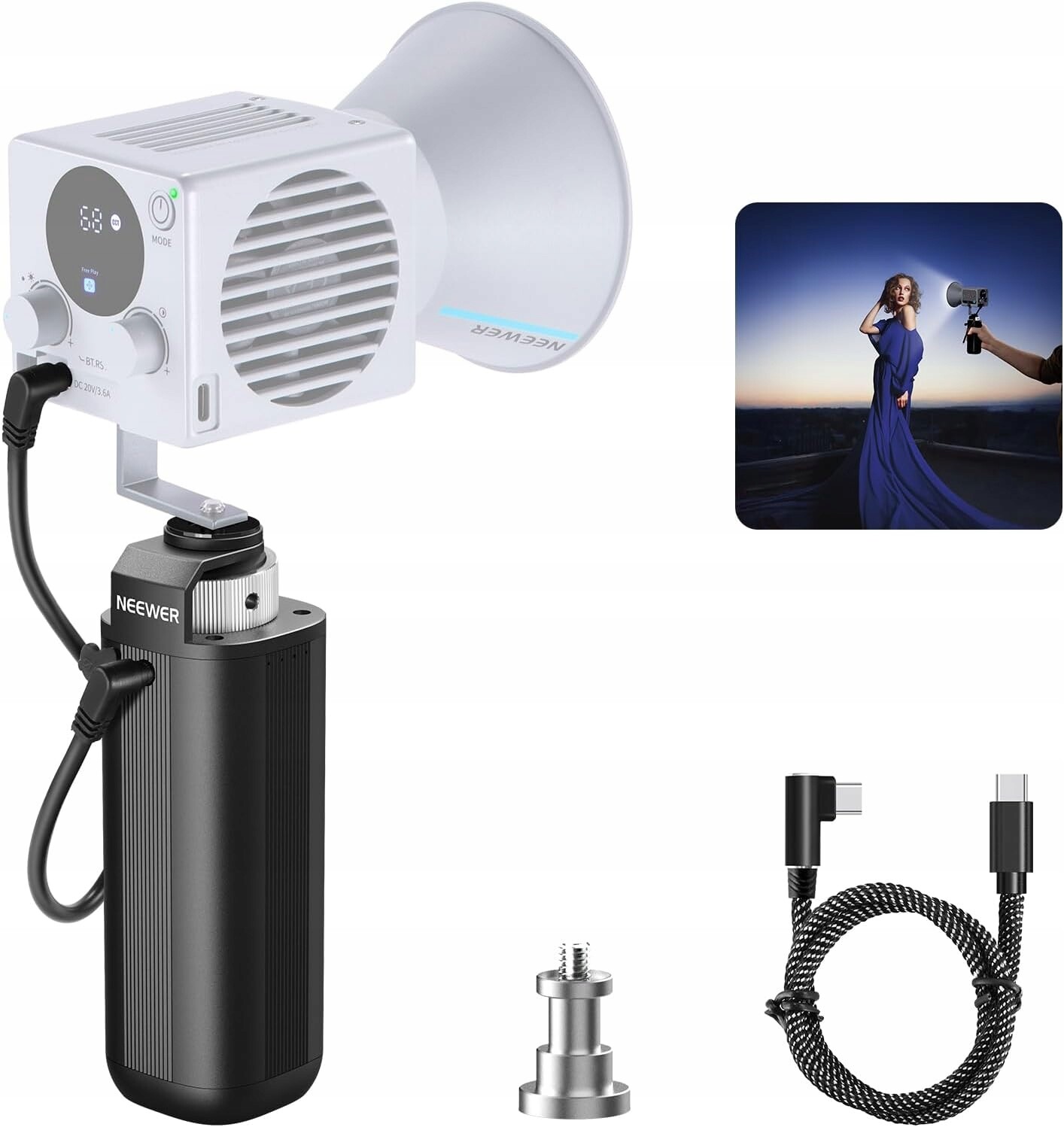 Power Bank Grip napájecí držák 100W Cob Led lampy Usb-c DC Neewer PH74E