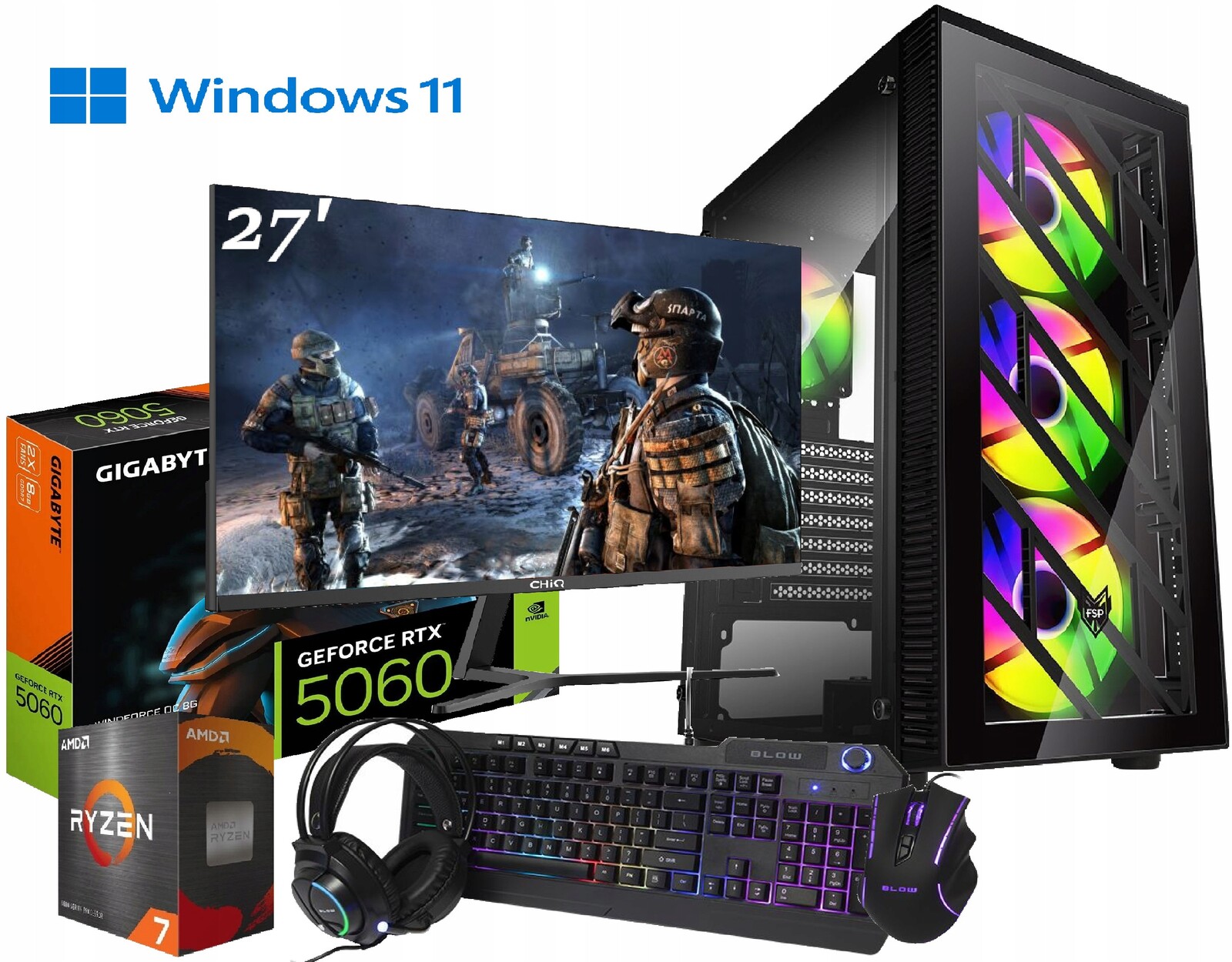 Herní sada Ryzen 7 Rtx 5060 8GB, 32GB DDR4 960GB M2 WIN11 Monitor 27'
