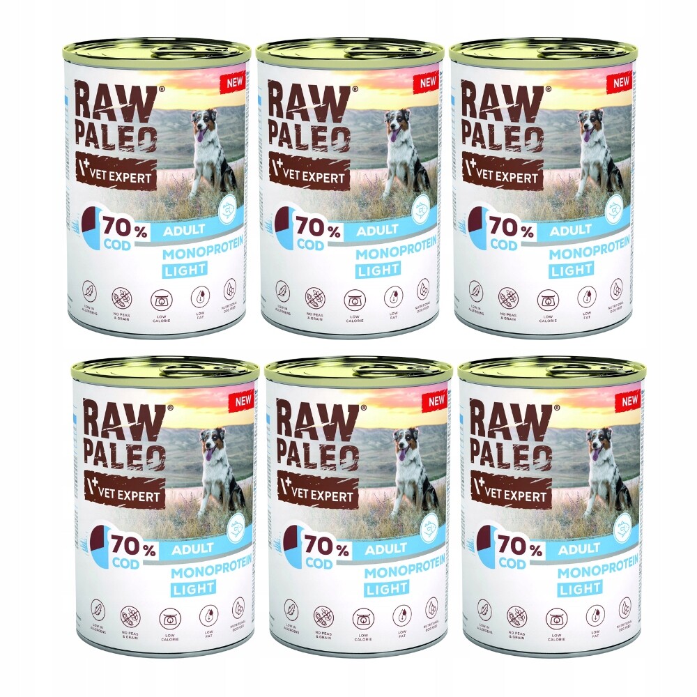 Vlhké krmivo pro psy VetExpert Raw Paleo Příčesek/Cod Light Adult Can 6x400 g