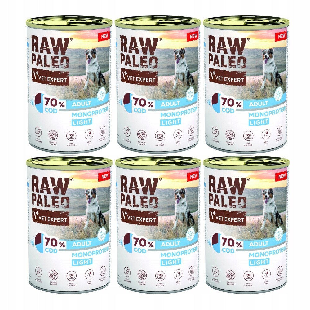 Vlhké krmivo pro psy VetExpert Raw Paleo Příčesek/Cod Light Adult Can 6x800 g