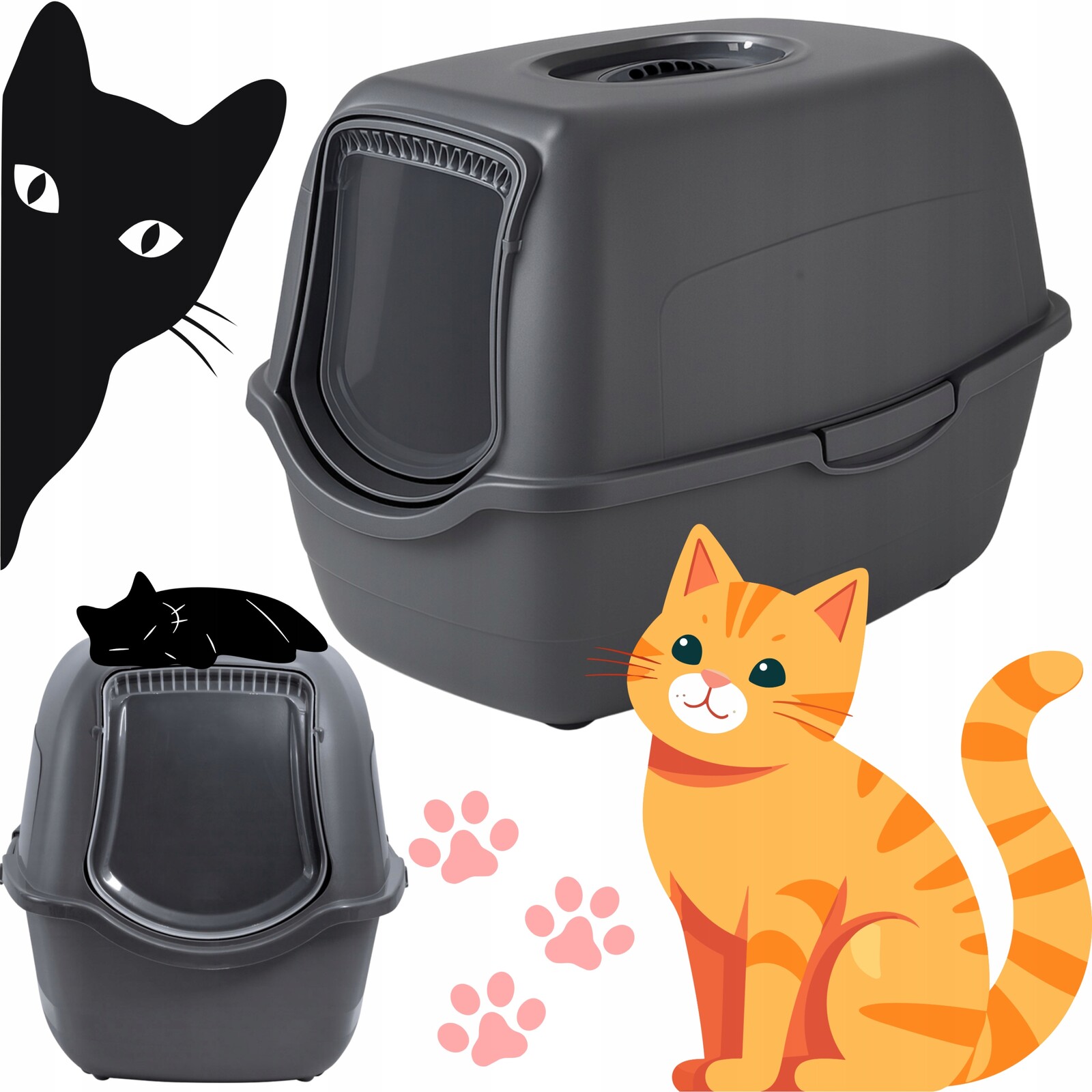 Kočičí Toaleta Velká Uzavíratelná Pro Kočky S Filtrem, Šedá Krytá Toaleta S Klapkou 56 CM