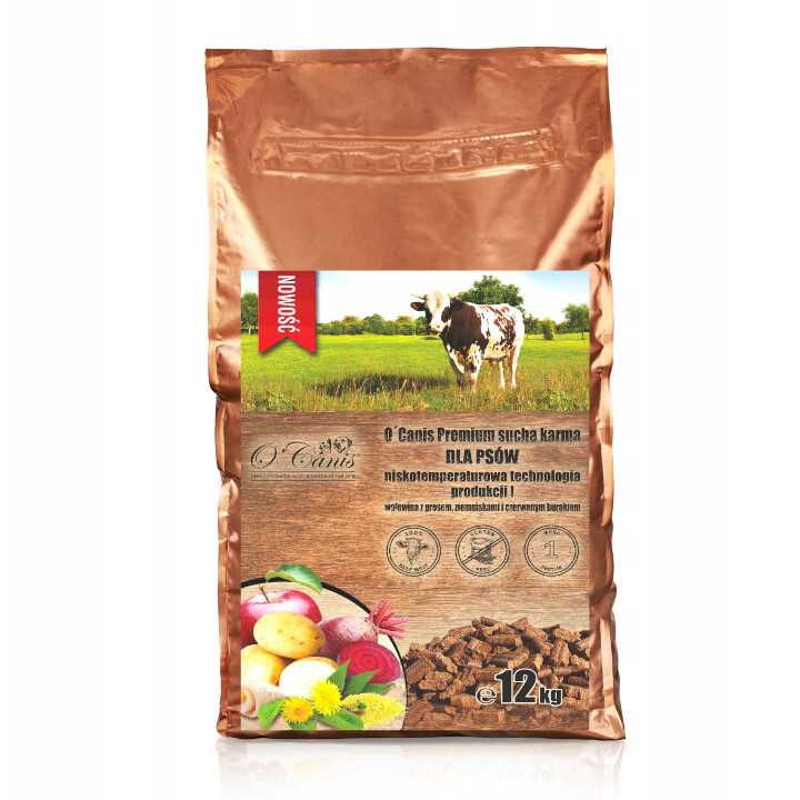 Suché krmivo pro psy O'Canis Premium s hovězím masem, prosem a bramborami 12 kg