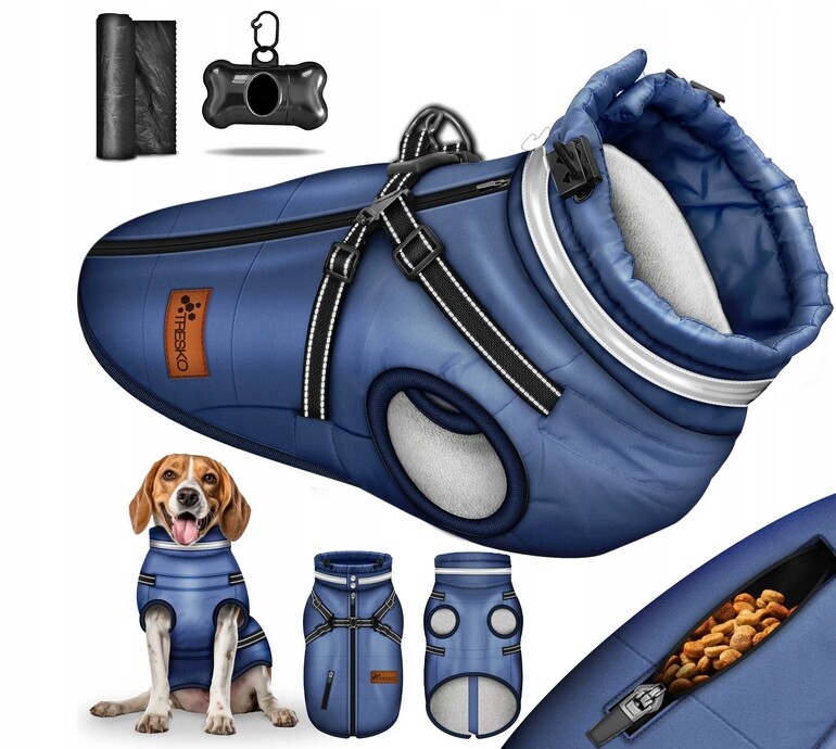 Zimní Bunda pro psa s ramenními popruhy, oblečení 15 sáčků, velikost M, modrá