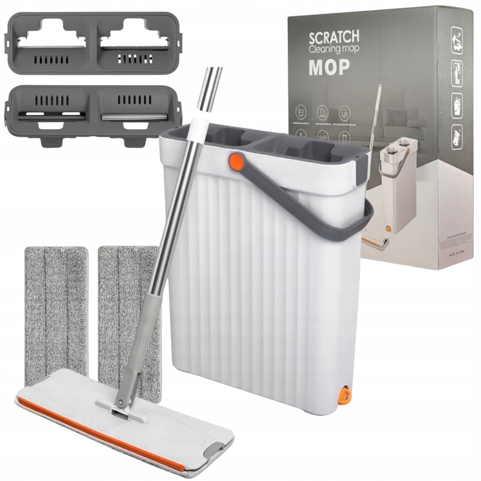 Plochý Mop Se Ždímačem Na Podlahu, Dvoukomorový Kbelík, 2 Absorpční Vložky