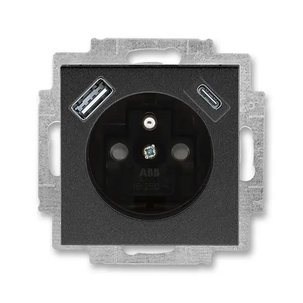 ABB LEVIT 5569H-A32357 63 ONYX/KOUŘOVÁ ČERNÁ Zásuvka jednonásobná s ochranným kolíkem a clonkami s integrovaným USB a USB-C nabíjením